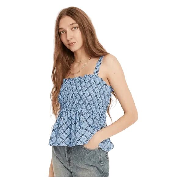 NWT J. Crew Blue Mist Navy Textured Plaid Smocked Tank - SIZE MEDIUM - Picture 6 of 7